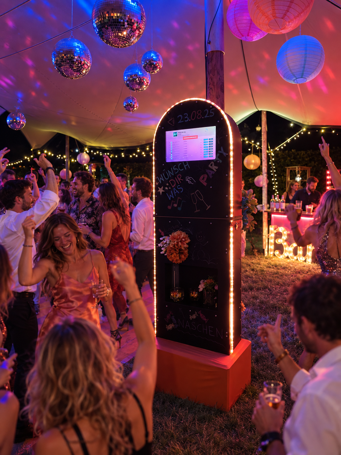 Jukebox-3000 auf einer Gartenparty bei Nacht
