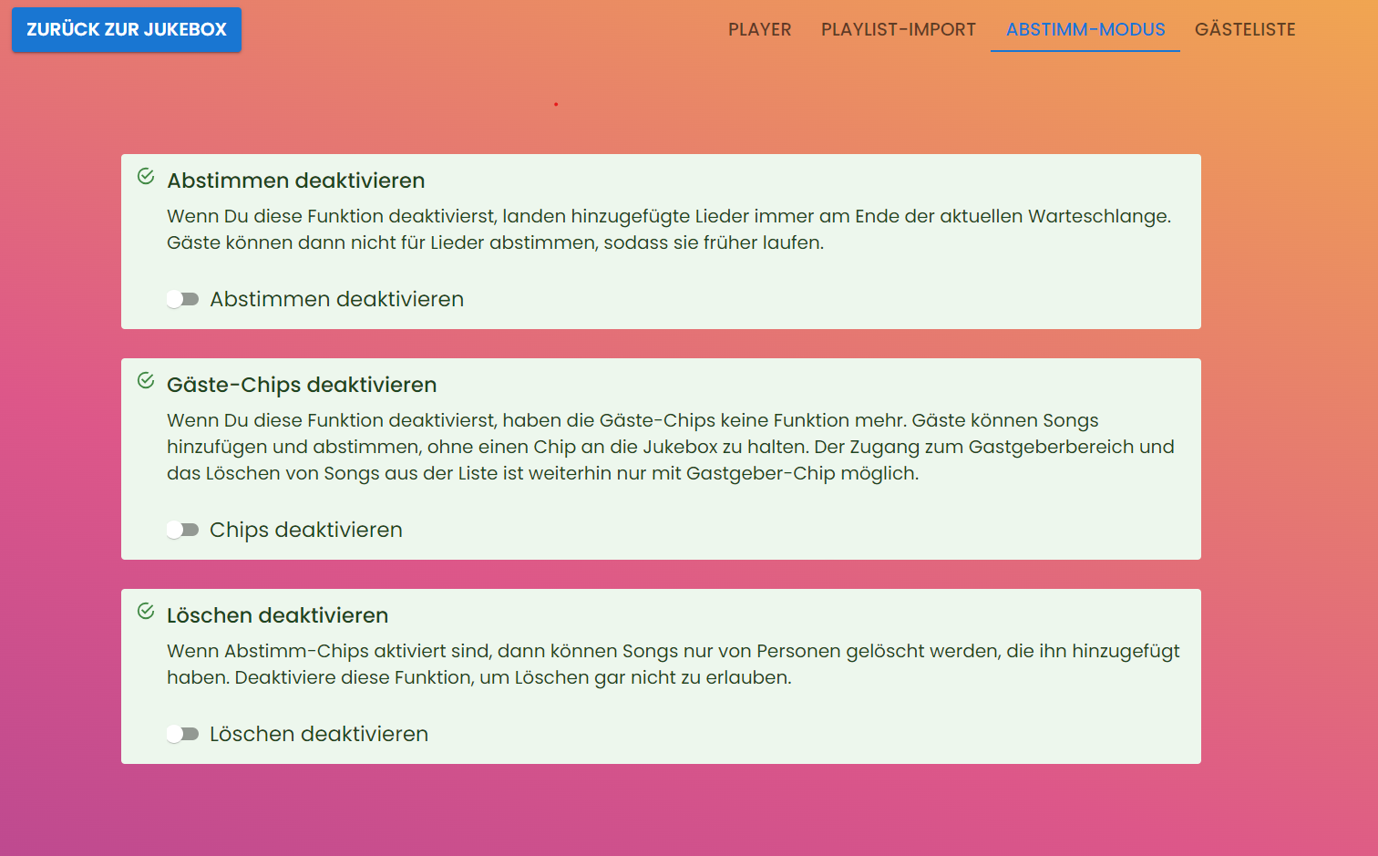 Abstimm-Modus einstellen: die Jukebox mit oder ohne Chips nutzen