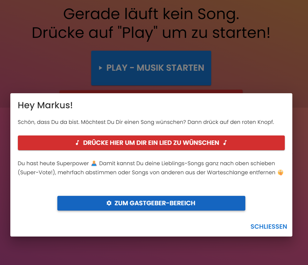Gastgeber-Bereich öffnen