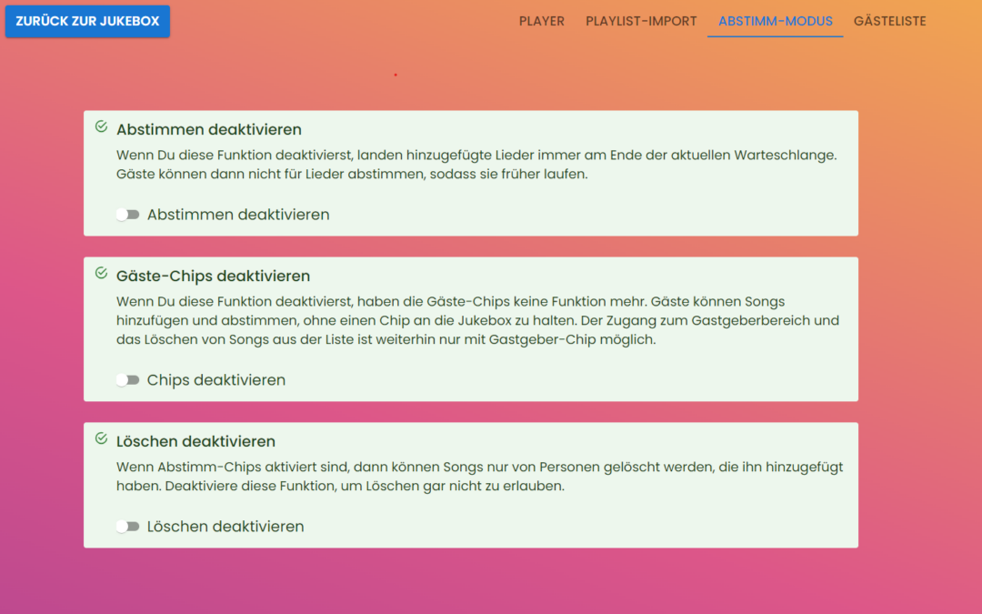 Abstimm-Modus  einstellen: die Jukebox mit oder ohne Chips nutzen